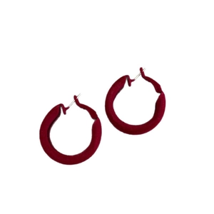 Elegant red flocked hoop earrings with velvet texture and golden posts for women