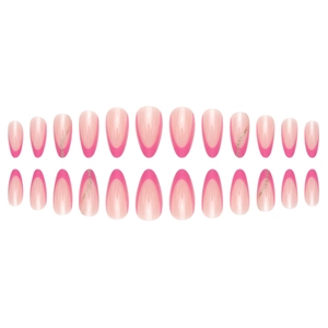 Pink French almond press-on nails with luxury gold glitter accents and natural base