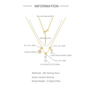 Detailed view of S925 silver necklace with AAAAA zircon charms and dimensions