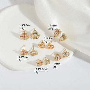 Luxurious gold zircon stud earrings in various shapes with detailed size specifications