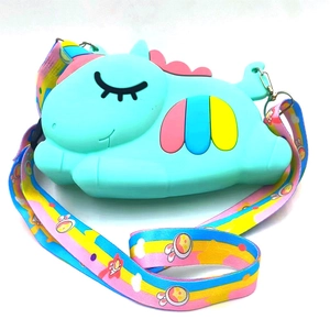 Cute cyan unicorn silicone pop fidget shoulder bag with colorful rainbow strap