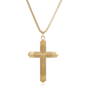 Vintage golden stainless steel necklace with textured cross pendant on box chain