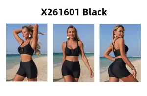 Set bikini nero tre viste con top con lacci incrociati e slip a vita alta coordinati
