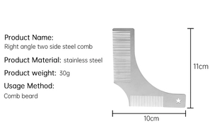 L-shaped dual-sided stainless steel beard comb with precise scale and dimensions