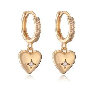 Gold-plated heart drop earrings with sparkling zircon accents on white reflective background