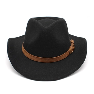 Detail of black felt jazz hat with brown leather band and textured wool surface