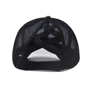 Black ponytail baseball cap with breathable mesh and crisscross elastic back opening