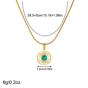 Gold plated stainless steel necklace with turquoise sun pendant and sizing details