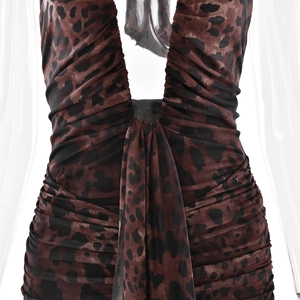 Detail of leopard print mesh dress featuring deep V-neckline and intricate ruched texture