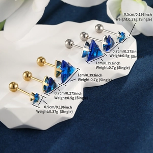Detail view of blue triangle crystal earrings with screw ball backs in various sizes
