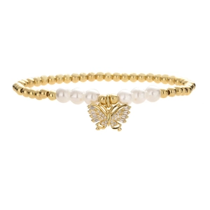Elegant gold plated bracelet featuring white pearls and a sparkling zircon butterfly pendant