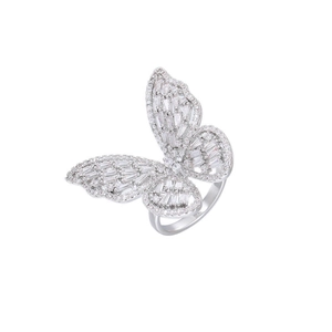 Exquisite silver butterfly open ring with sparkling pavé zircons on white background