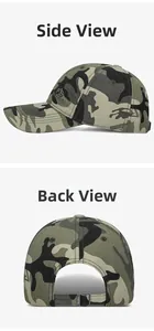 Detail view of camouflage baseball cap with embroidery and metal back buckle strap