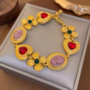 Vintage gold heart and floral beaded necklace with cameo portrait and gemstones