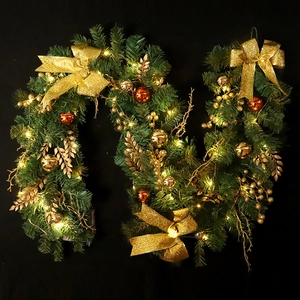 Christmas Garland PVC Rattan With Gold Balls Ribbon Bows And Warm LED Lights For Home Party Holiday Hanging Decor