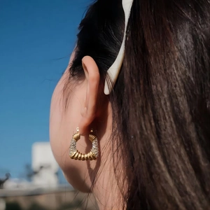 18K gold-plated stainless steel hoop earrings with trapezoid zircon inlay and spiral texture
