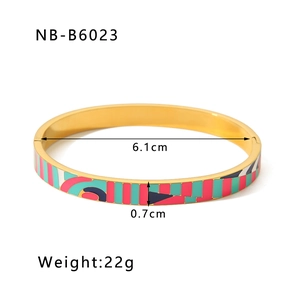Detailed view of colorful enamel 18k gold plated bangle showing dimensions and pattern