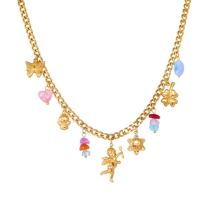 Collier en acier inoxydable plaqué or avec breloques ange, papillon et étoile colorés