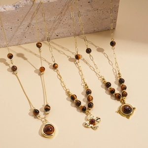 Retro tiger eye beaded necklaces with golden flower pendants for autumn fashion