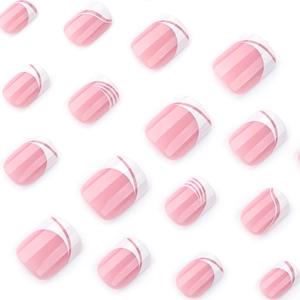 Pink press-on nails with white French tip waves and minimalist curved lines short square