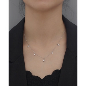 Close-up of S925 sterling silver geometric star necklace on model neckline