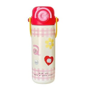 Cute red and beige stainless steel insulated water bottle with floral pattern and straw