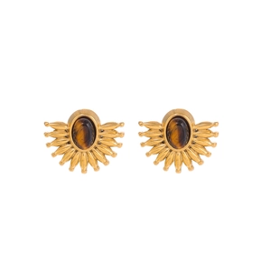 Macro detail of gold vintage stud earrings featuring brown tiger eye stone inlay