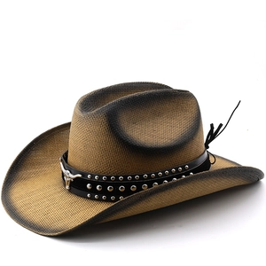 Vintage Western Cowboy Hat Woven Straw Sun Protection Wide Brim Bull Head Rivet Belt Retro Unisex Outlaw Style