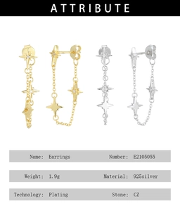Detail of S925 sterling silver star fringe earrings with CZ stones and product attributes