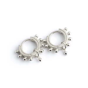 Elegant s925 silver hoop earrings with metallic beads and teardrop pendants on white background