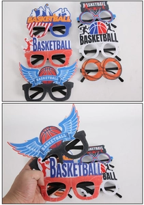 Detailed view of basketball party glasses with felt basketball and net frame designs