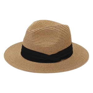 Classic foldable straw Panama hat with black ribbon band for sun protection on white background