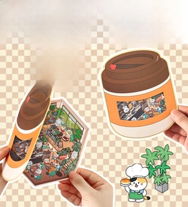 3D coffee cup-shaped scene stickers with warm hand-drawn cafe illustration for DIY scrapbooking