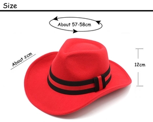 Red wool fedora size guide with 57-58cm circumference, 12cm crown and 8cm brim