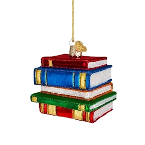 Flat acrylic Christmas book stack ornament with colorful books and gold hanging loop