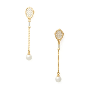 Creative S925 silver tennis racket stud earrings with long gold chain and pearl tassels