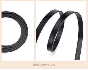 Detailed close-up of the black leather belt material with refined oil edge and punch holes