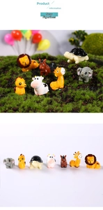 Macro view of 7 miniature resin animal figurines including lion and elephant for garden decor