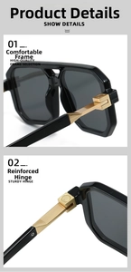 Detail view of large geometric sunglasses with thick black frames and gold metal hinges