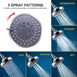 Chrome 5-function high pressure shower head with adjustable spray patterns for bathroom