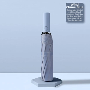 Detail of blue 8-rib automatic umbrella standing on stone base for sun and rain protection