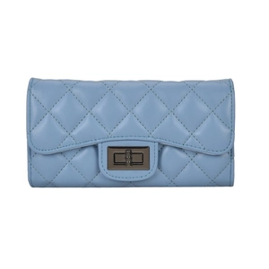 Detail of light blue quilted leather long wallet with gunmetal twist lock closure
