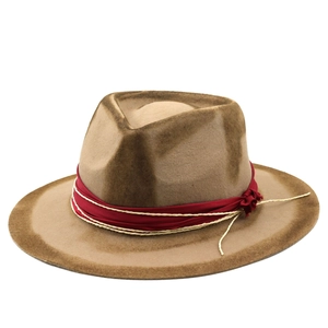 Vintage brown wool felt fedora hat with red silk ribbon and rustic decorative rope