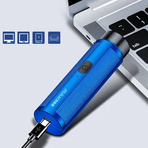 Portable blue mini electric shaver for men with USB-C charging cable and metal texture