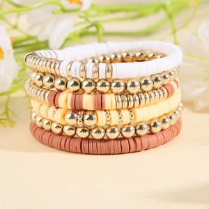 Bohemian multilayer beaded bracelet set with gold metal beads and earth-tone clay discs