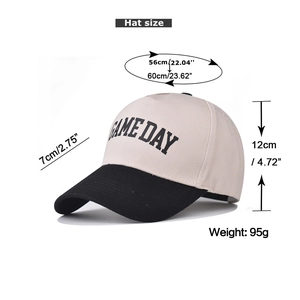 Detailed size chart of Game Day baseball cap with crown height and brim measurements