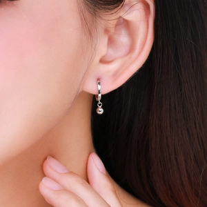 Minimalist S925 sterling silver hoop earrings with round bead drop for women in silver finish