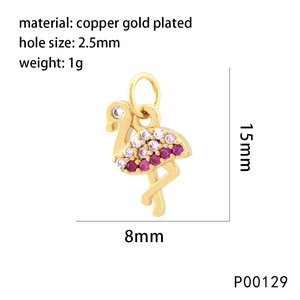 Detail of flamingo pendant with pink cubic zirconia stones and size dimensions