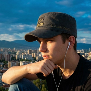 Deep grey tactical cadet cap with Air Force embroidery shown on a male model outdoors