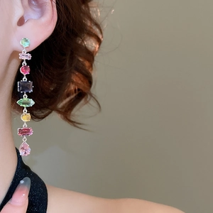 Elegant long tassel earrings with multicolored square and teardrop stones on silver base